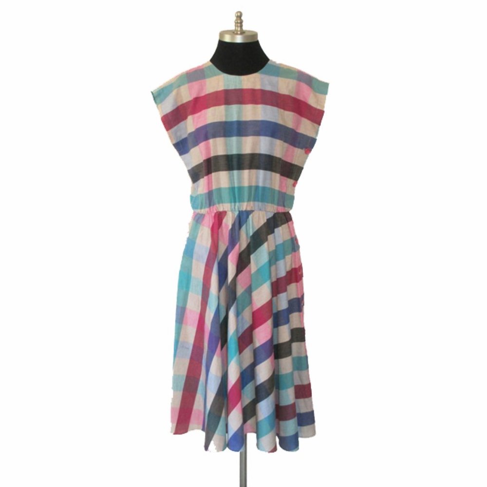 Vtg 70s Jewel Tone Checked Plaid Dress M